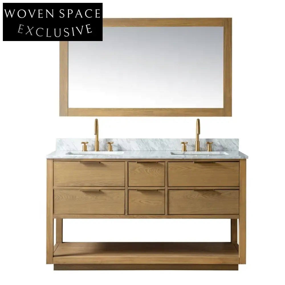 Modern Solid Wood Light Oak Bathroom Vanity with Marble Top and Drawer ...