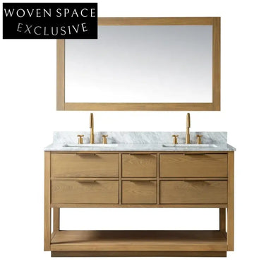 Modern Solid Wood Light Oak Bathroom Vanity with Marble Top and Drawers