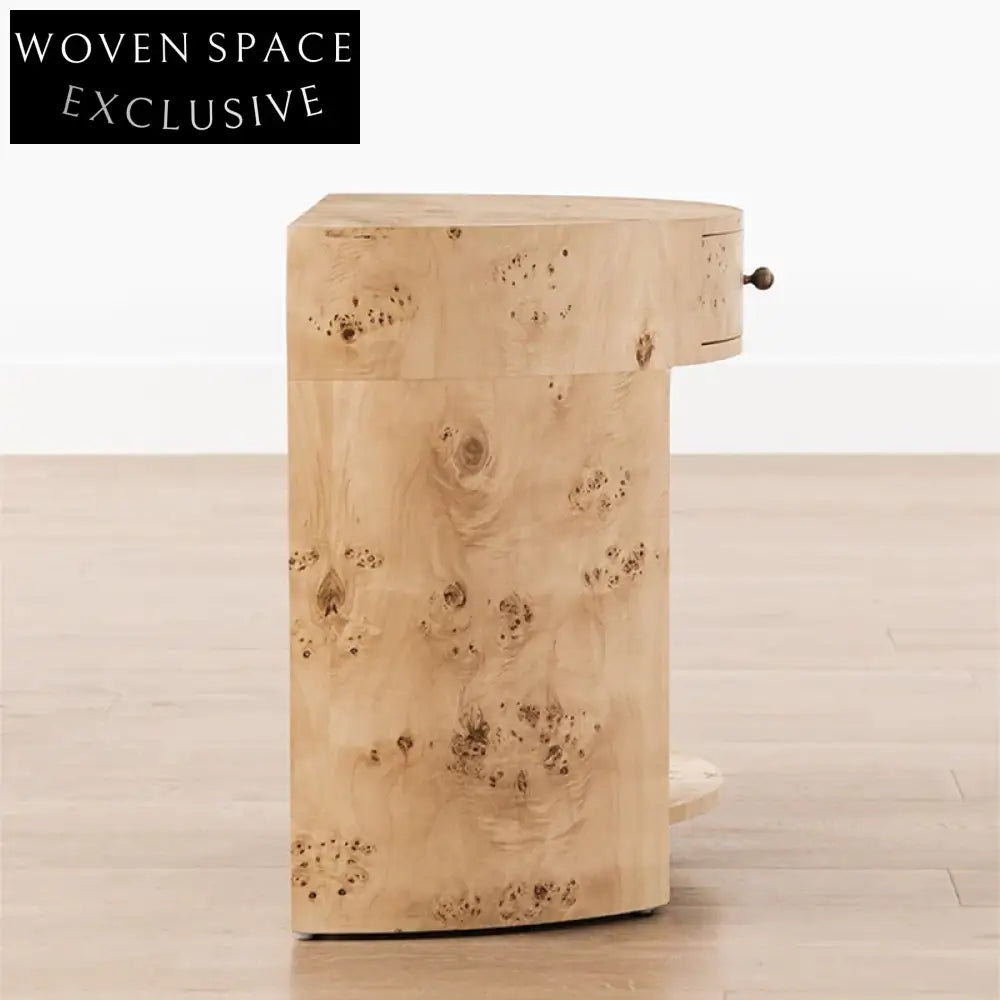 Modern Solid Wood Nightstand with Burl Wood Veneer Drawer Bedroom Side Table