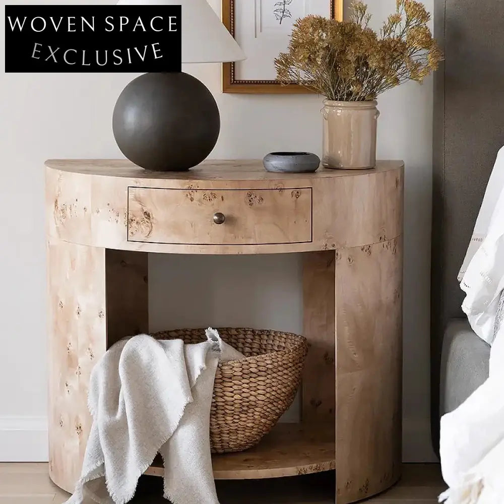 Modern Solid Wood Nightstand with Burl Wood Veneer Drawer Bedroom Side Table