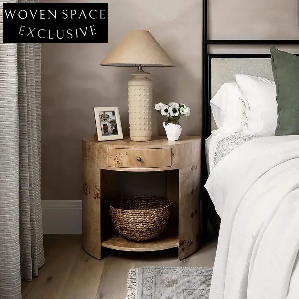 Modern Solid Wood Nightstand with Burl Wood Veneer Drawer Bedroom Side Table