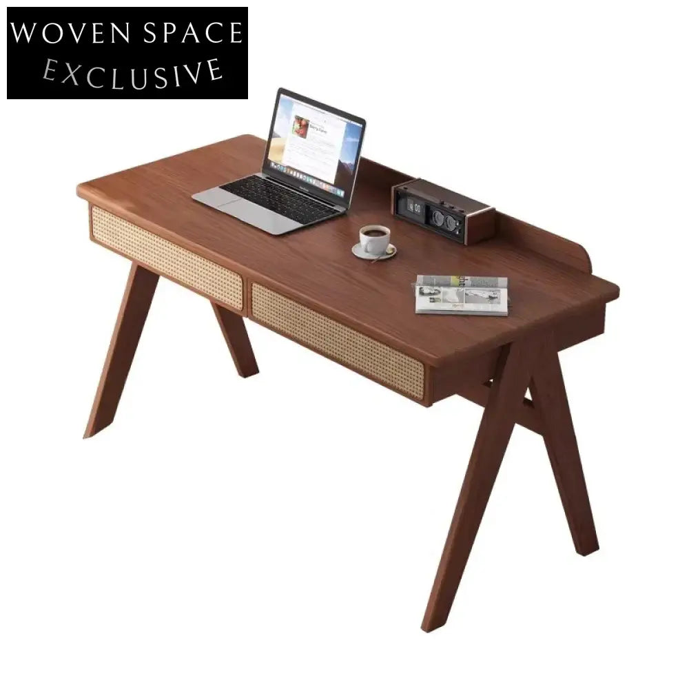 Modern Solid Wood Rattan 2-Drawer Dressing Table Home Office Study Desk