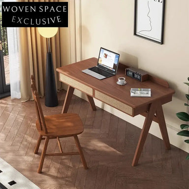 Modern Solid Wood Rattan 2-Drawer Dressing Table Home Office Study Desk