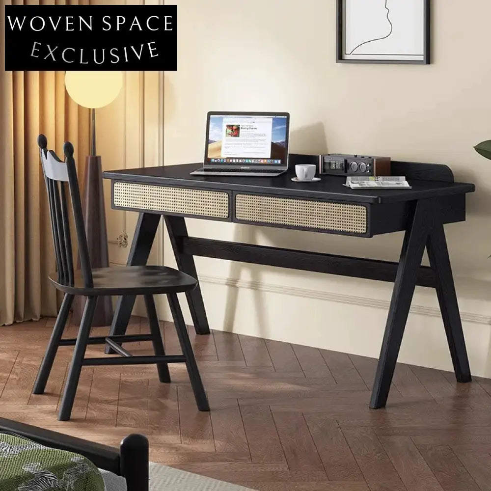 Modern Solid Wood Rattan 2-Drawer Dressing Table Home Office Study Desk