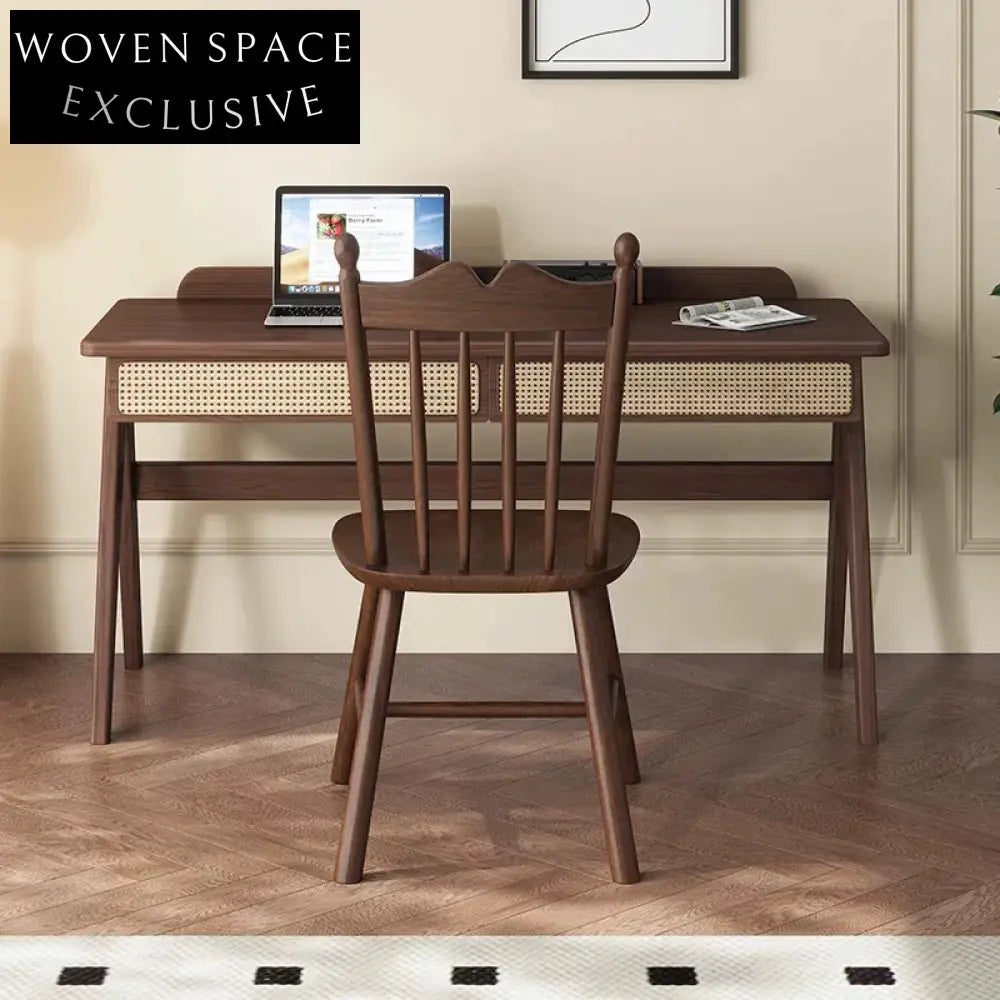 Modern Solid Wood Rattan 2-Drawer Dressing Table Home Office Study Desk