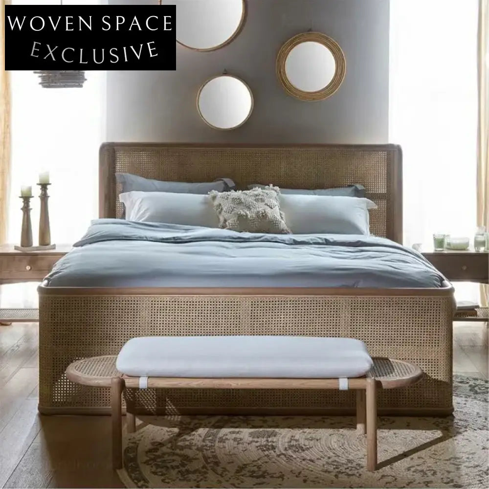 Modern Solid Wood Rattan Bench for Entryway, Bedroom, Living Room Seating