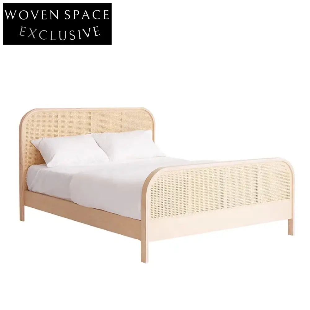 Modern Solid Wood Rattan Headboard Bed, Queen/King Size Bed