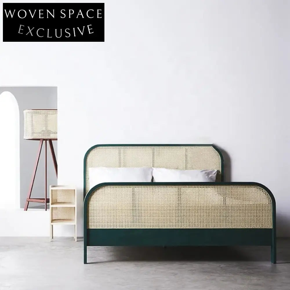 Modern Solid Wood Rattan Headboard Bed, Queen/King Size Bed