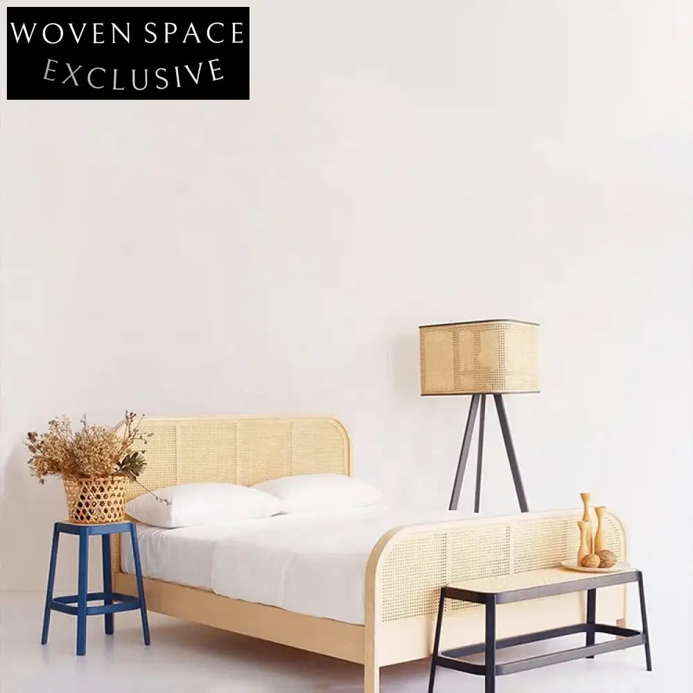 Modern Solid Wood Rattan Headboard Bed, Queen/King Size Bed