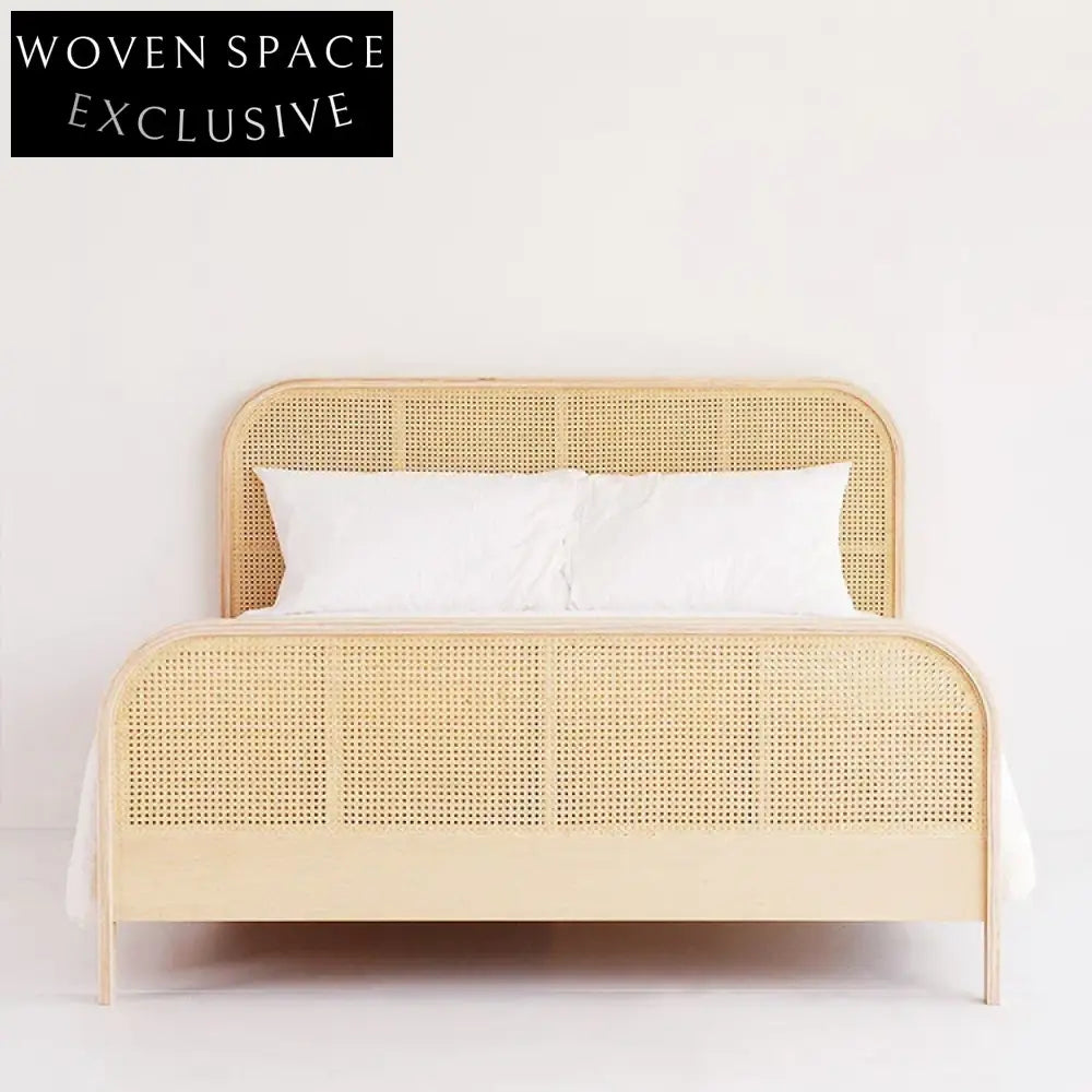 Modern Solid Wood Rattan Headboard Bed, Queen/King Size Bed