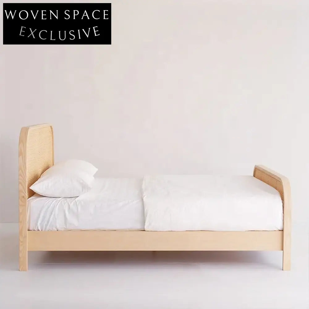 Modern Solid Wood Rattan Headboard Bed, Queen/King Size Bed