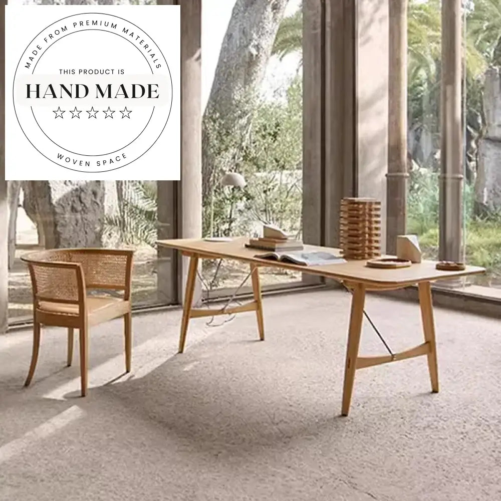 Modern Solid Wood Rattan Woven Leather Armchair Dining Chair