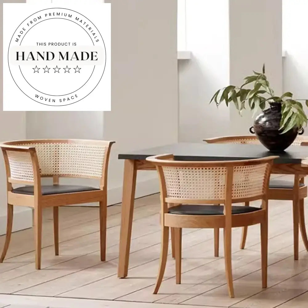 Modern Solid Wood Rattan Woven Leather Armchair Dining Chair