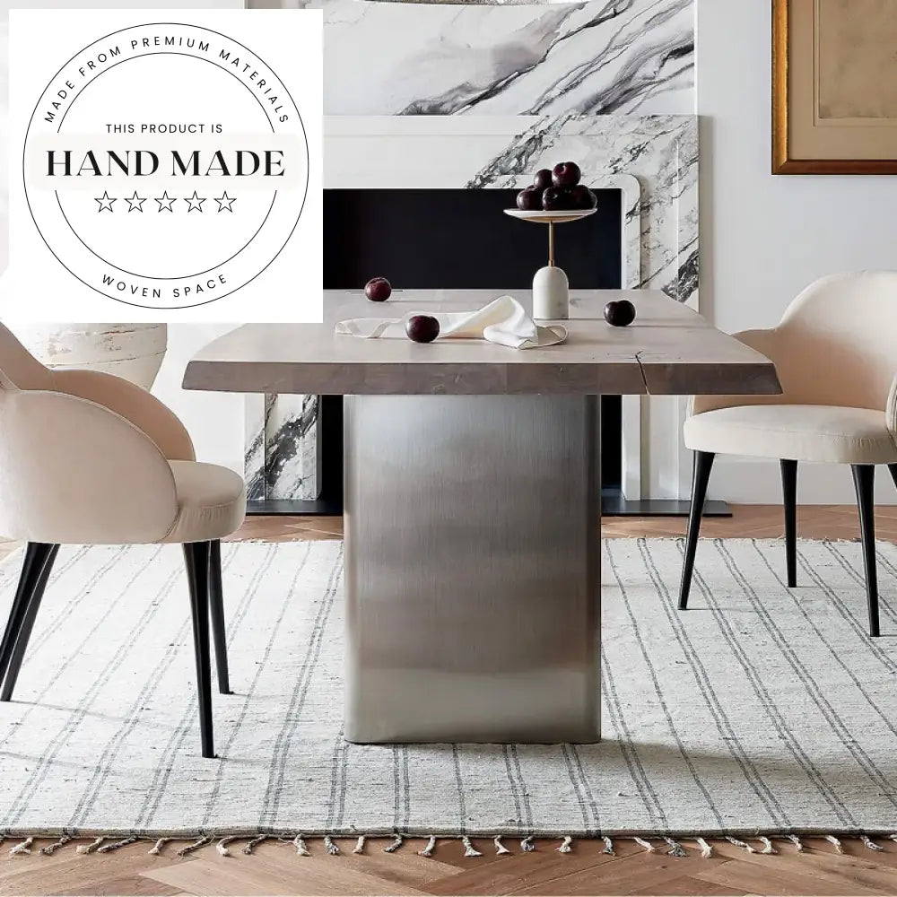 Modern Solid Wood Rectangular Stainless Steel Frame 6 Seater Dining Table