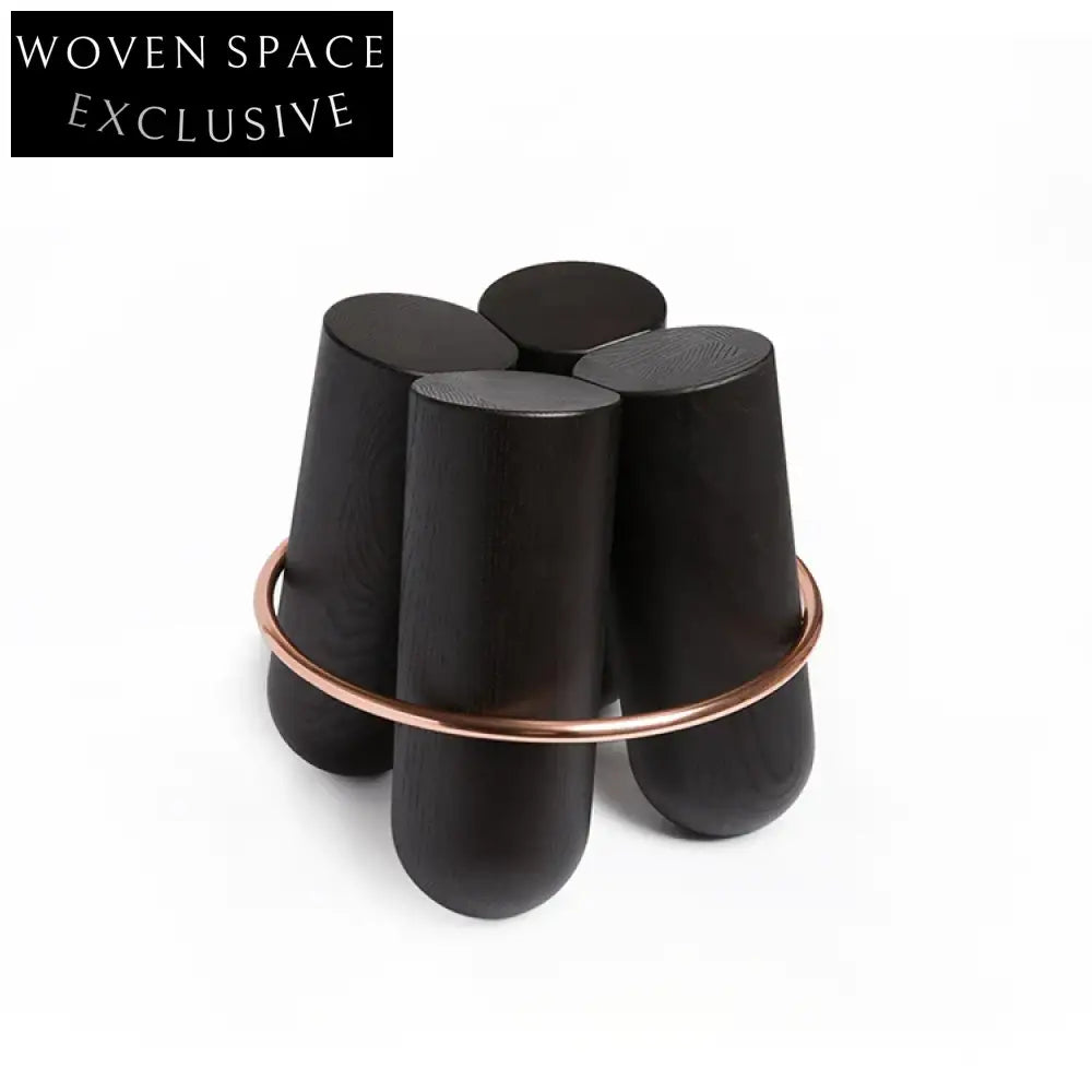Modern Solid Wood Stool with Elegant Gold Ring Accent Ottoman