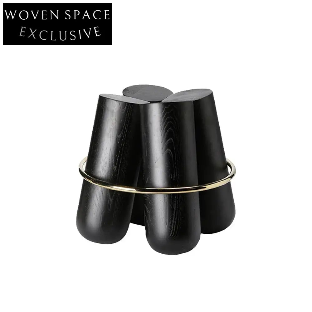 Modern Solid Wood Stool with Elegant Gold Ring Accent Ottoman