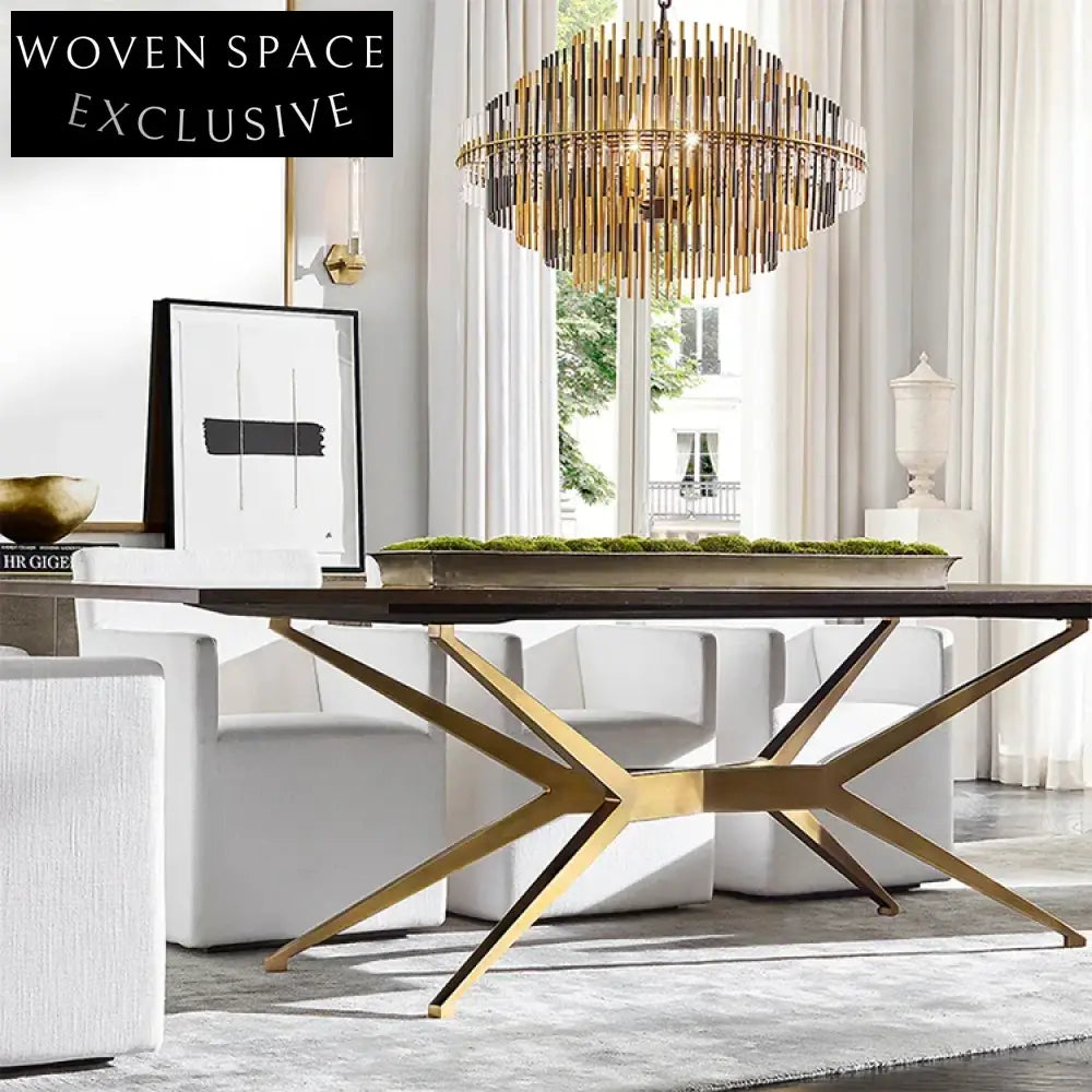 Modern Solid Wood Top Gold Stainless Steel Dining Table for 6