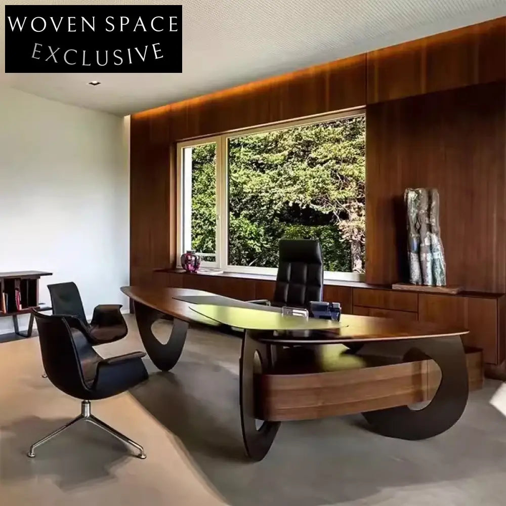 Modern Solidwood I-Shape Executive Office Desk with Storage, Walnut Finish