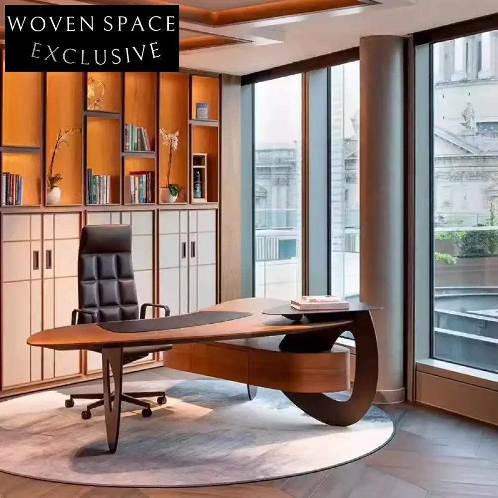 Modern Solidwood I-Shape Executive Office Desk with Storage, Walnut Finish