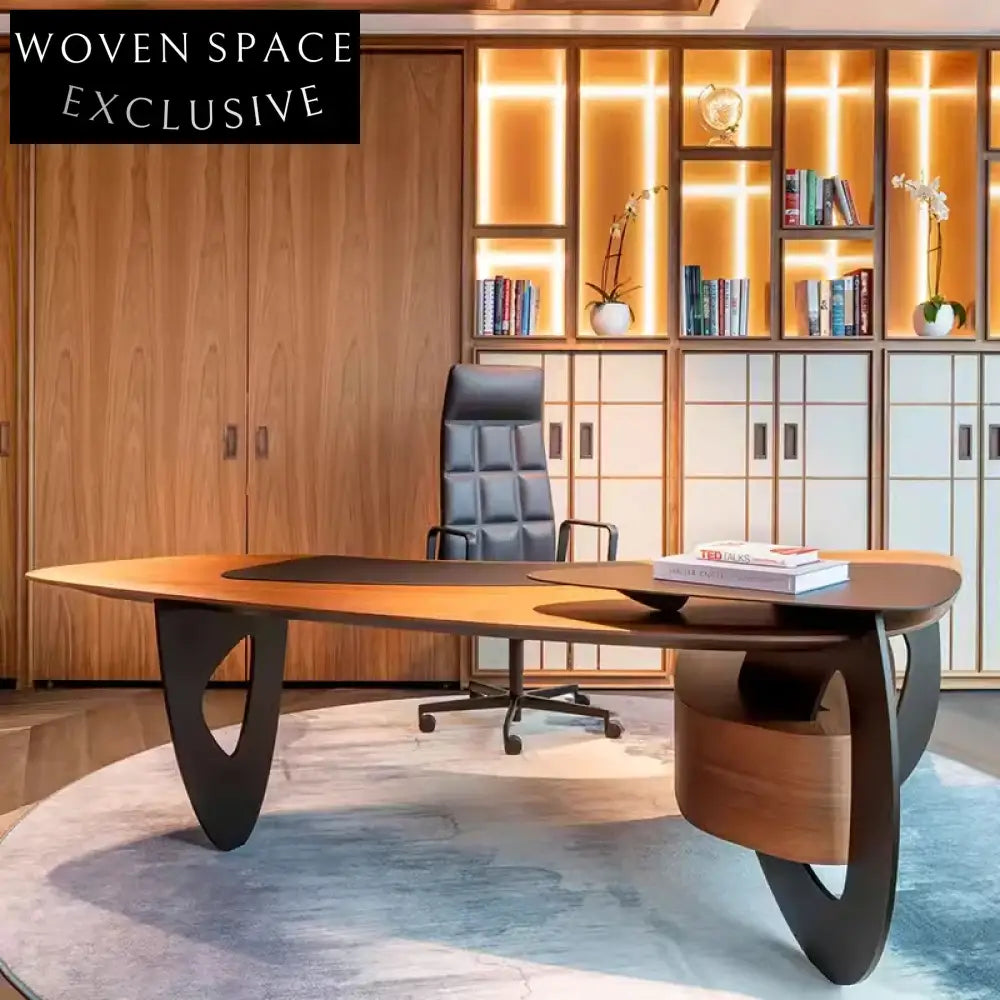 Modern Solidwood I-Shape Executive Office Desk with Storage, Walnut Finish