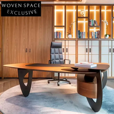 Modern Solidwood I-Shape Executive Office Desk with Storage, Walnut Finish