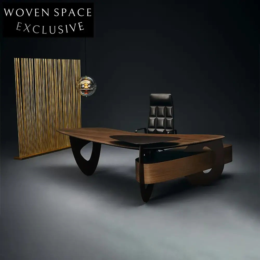 Modern Solidwood I-Shape Executive Office Desk with Storage, Walnut Finish