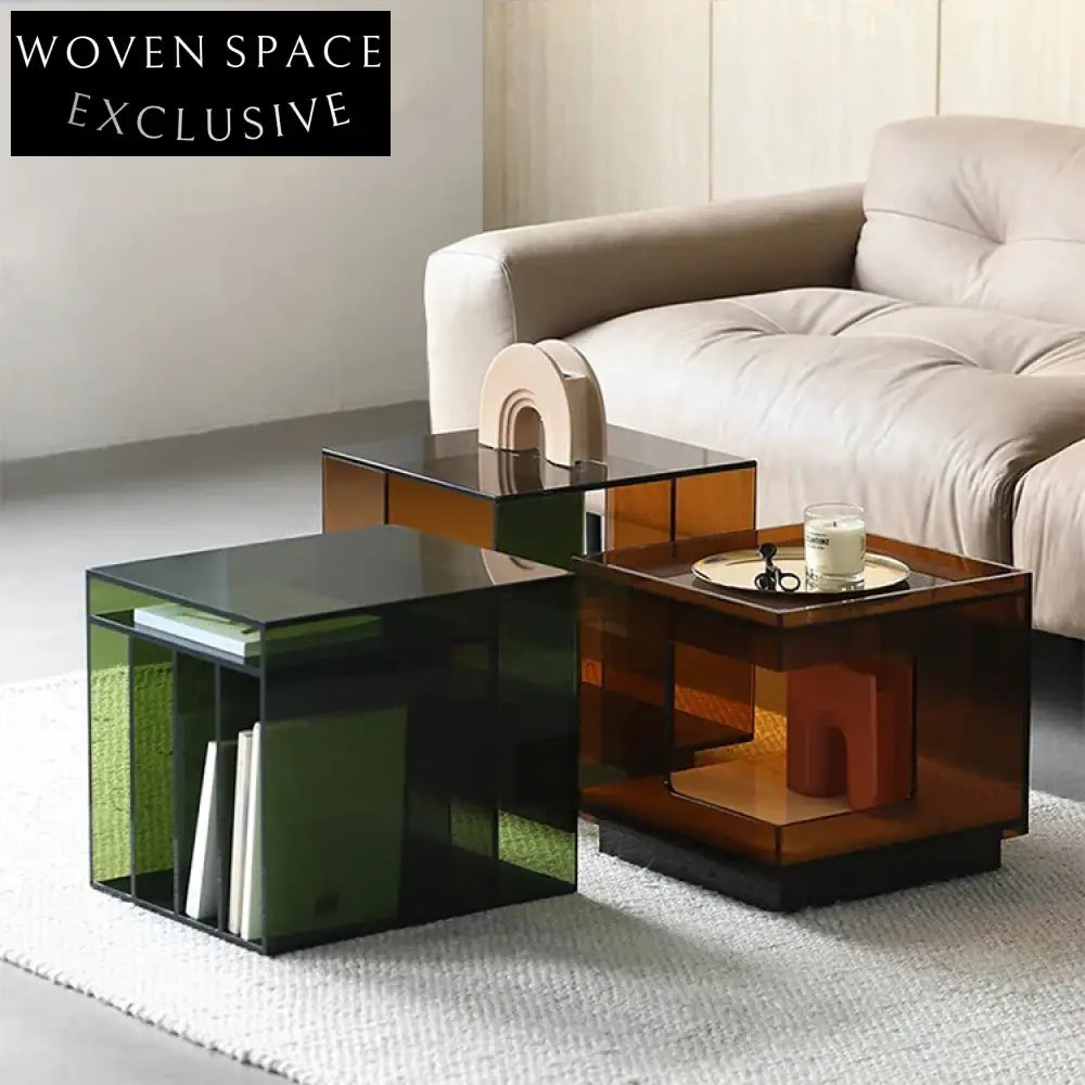 Modern Square Acrylic & Glass Coffee Table with Storage for Living Room