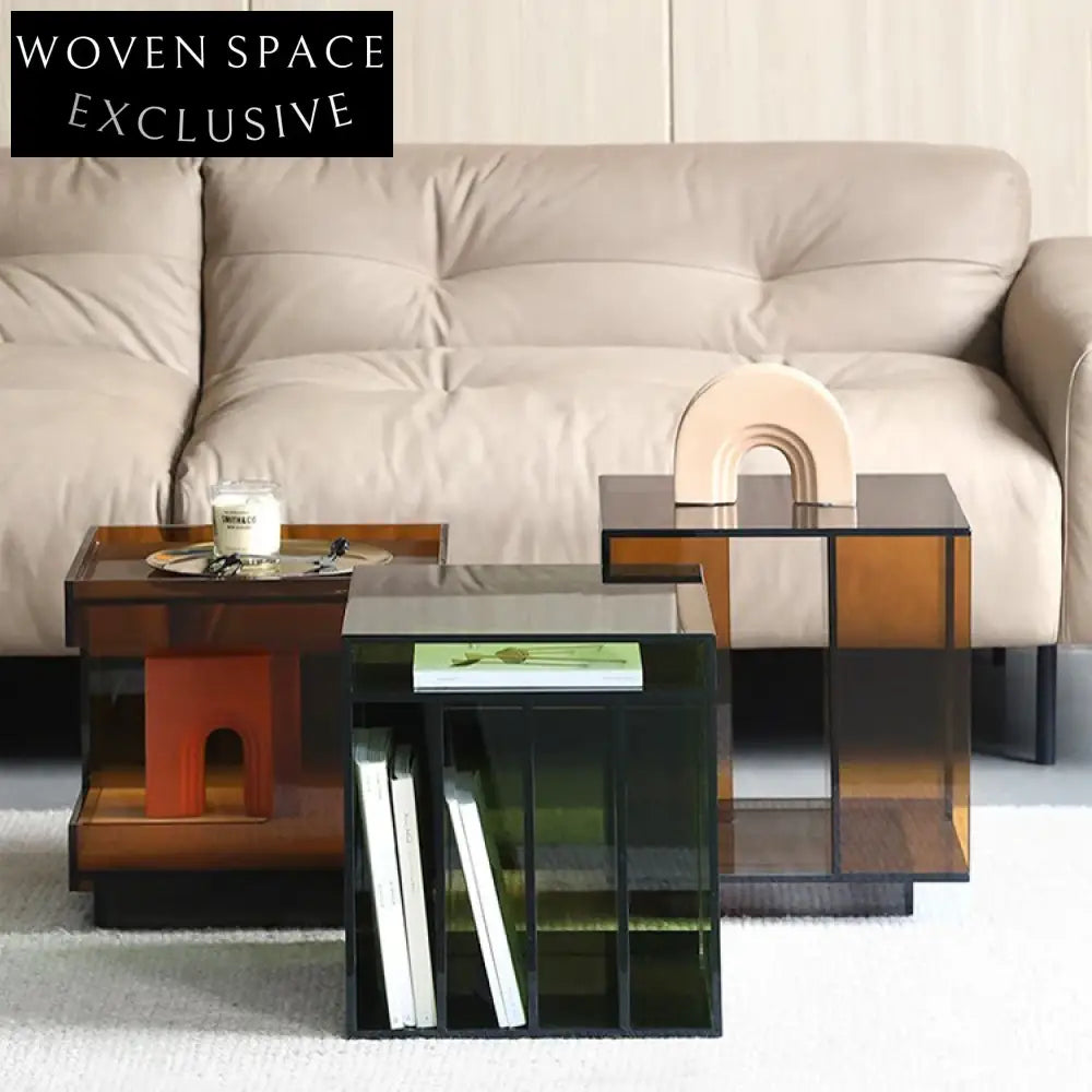 Modern Square Acrylic & Glass Coffee Table with Storage for Living Room