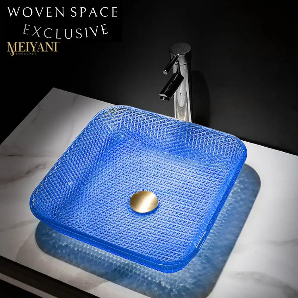 Modern Square Clear Glass Vessel Bathroom Sink, Crystal Diamond Design Vanity Basin