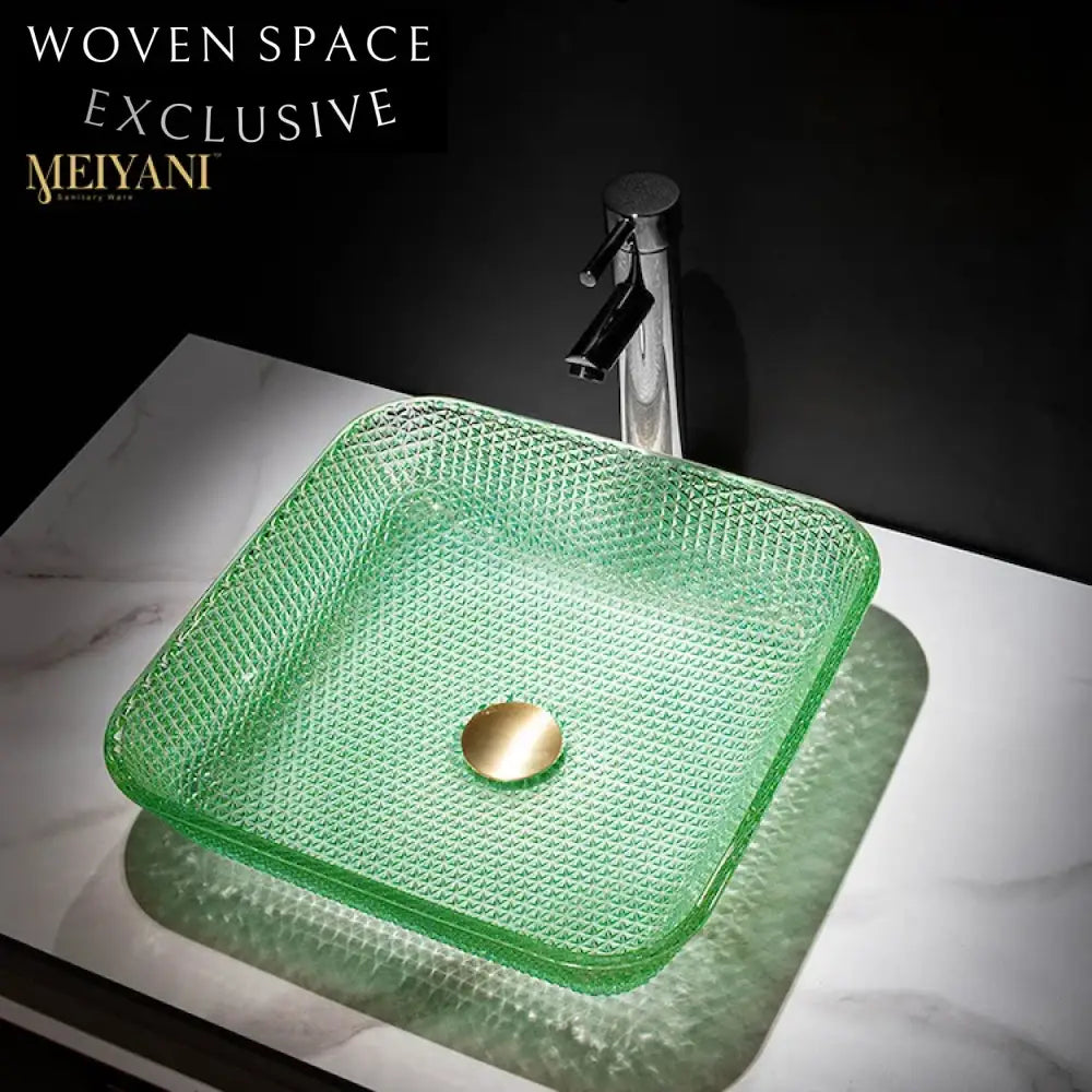 Modern Square Clear Glass Vessel Bathroom Sink, Crystal Diamond Design Vanity Basin