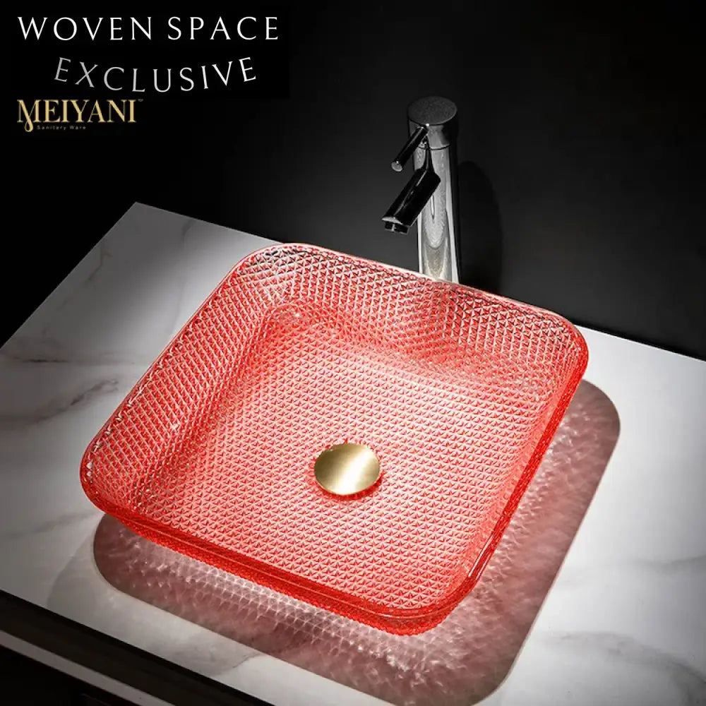 Modern Square Clear Glass Vessel Bathroom Sink, Crystal Diamond Design Vanity Basin