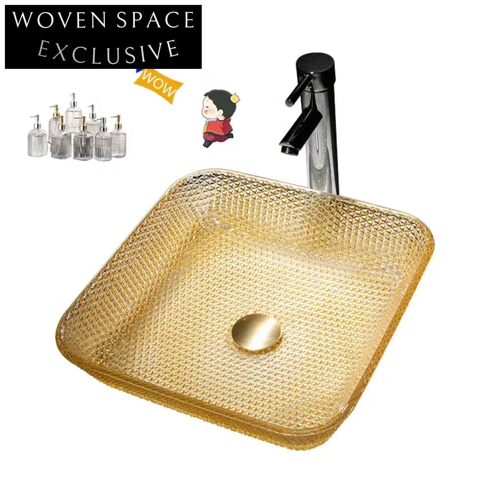 Modern Square Clear Glass Vessel Bathroom Sink, Crystal Diamond Design Vanity Basin