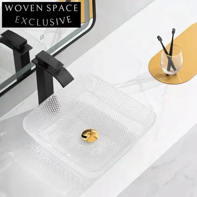 Modern Square Clear Glass Vessel Bathroom Sink, Crystal Diamond Design Vanity Basin