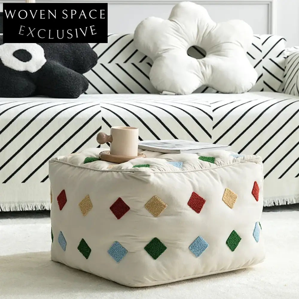 Modern Square Fabric Ottoman Stool, Plush Cube Footrest for Living Room