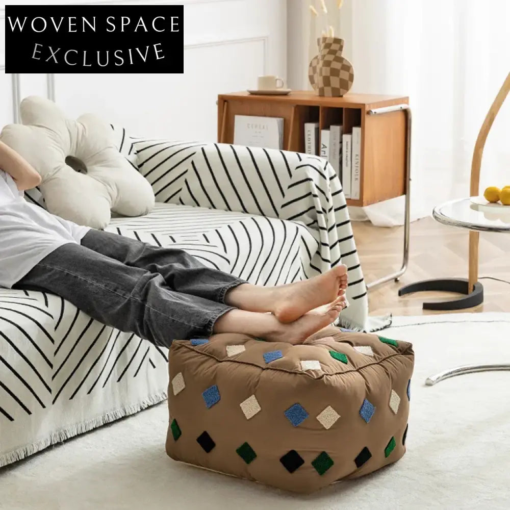 Modern Square Fabric Ottoman Stool, Plush Cube Footrest for Living Room