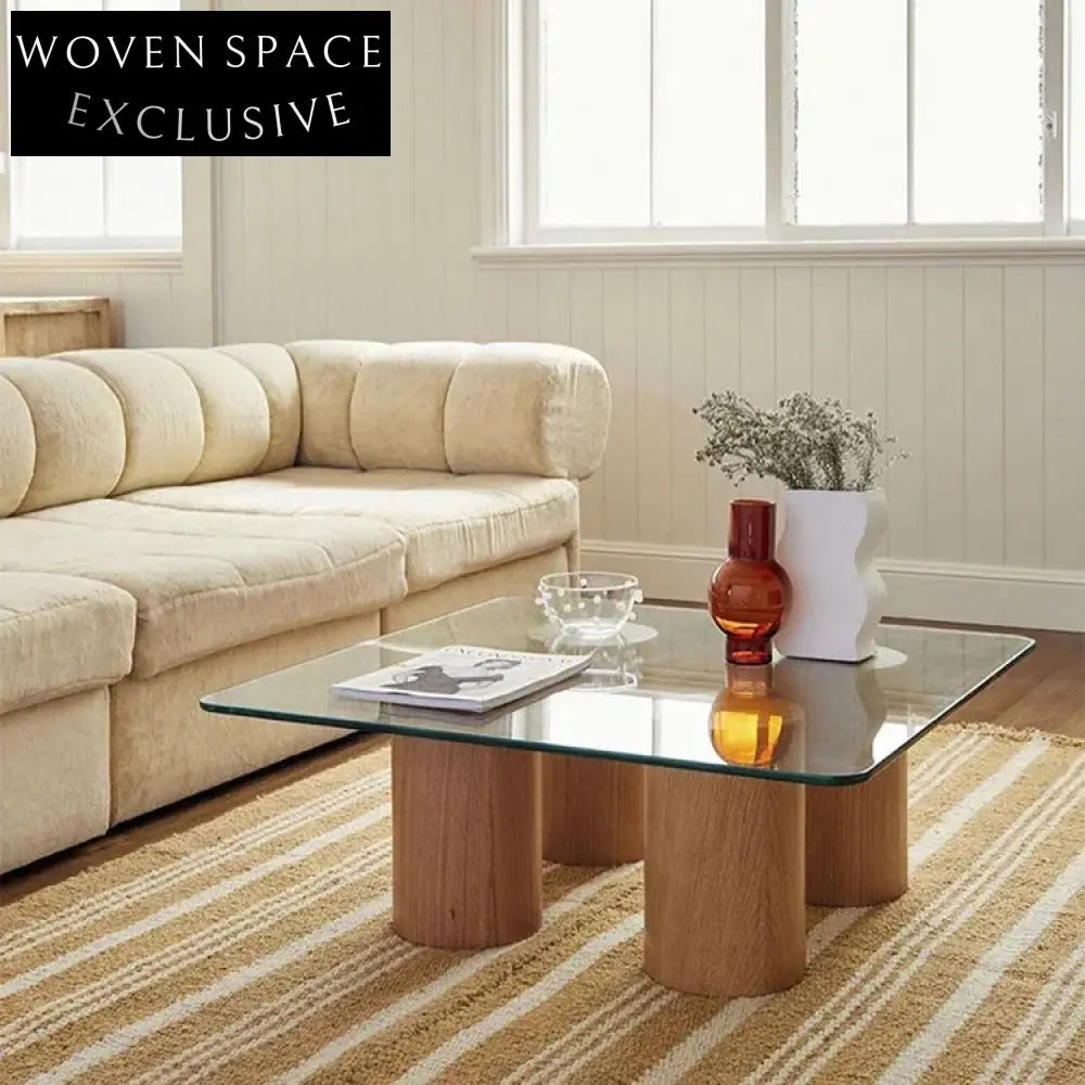 Modern Square Glass Top Living Room Center Table with Elegant Wood Base