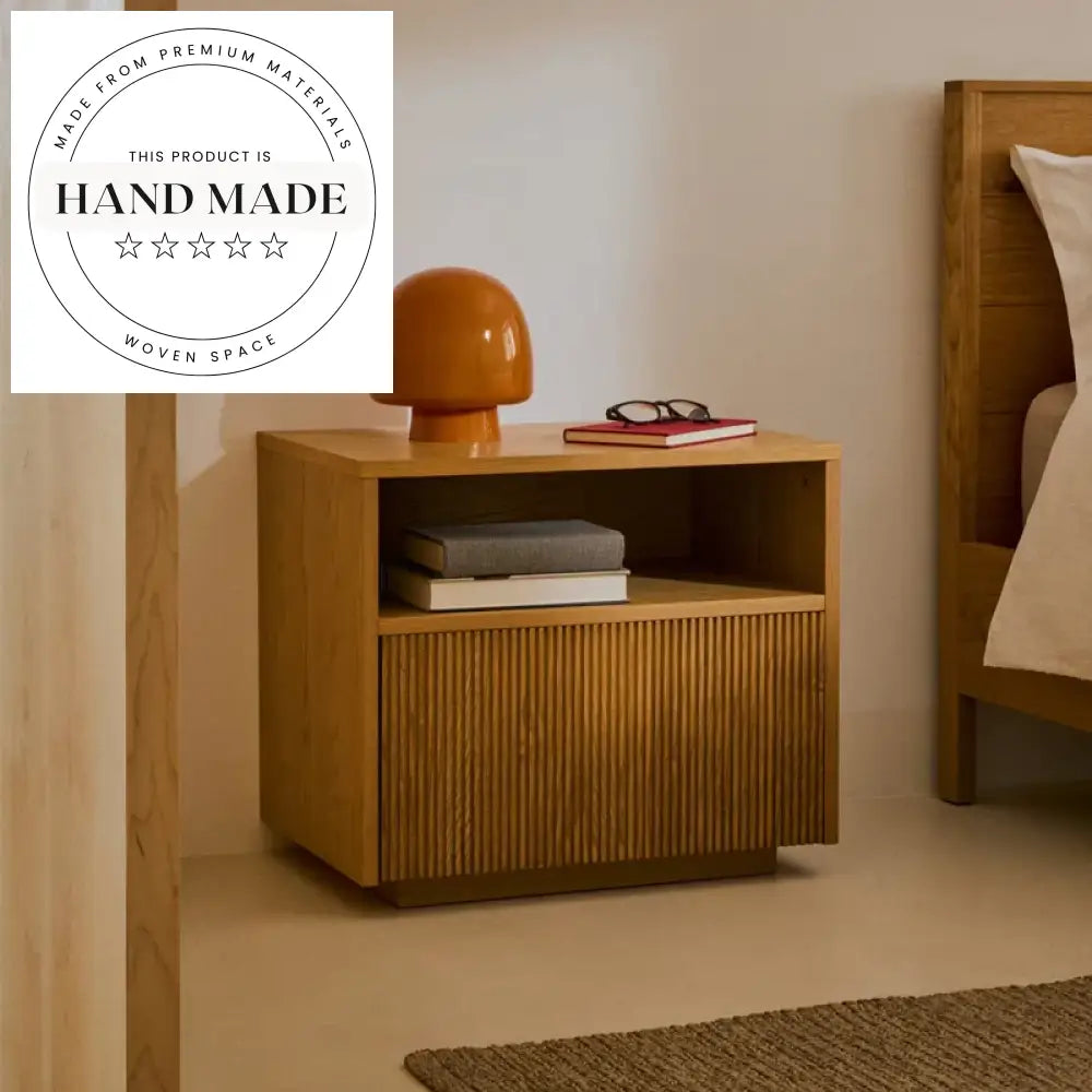 Modern Square Oak Veneer Bedside Table with Foldable Drawer Nightstand