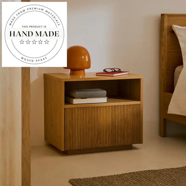 Modern Square Oak Veneer Bedside Table with Foldable Drawer Nightstand