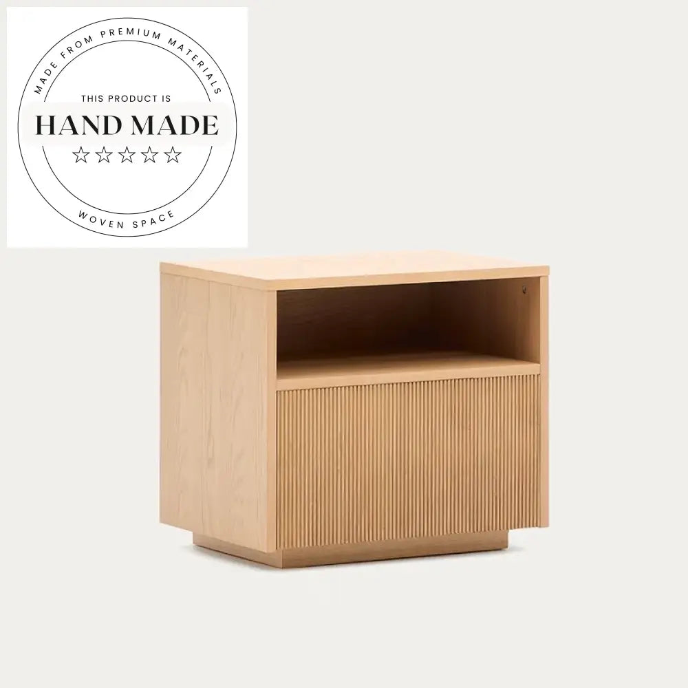 Modern Square Oak Veneer Bedside Table with Foldable Drawer Nightstand