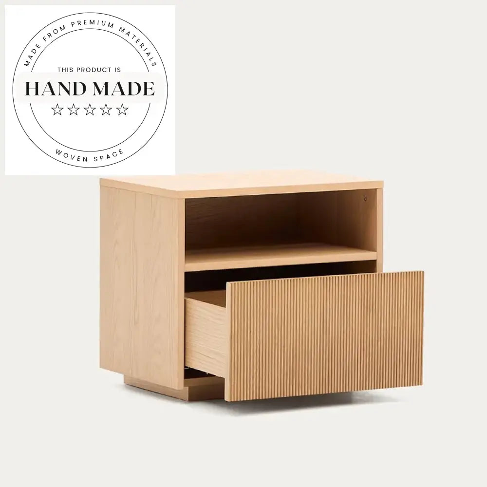 Modern Square Oak Veneer Bedside Table with Foldable Drawer Nightstand