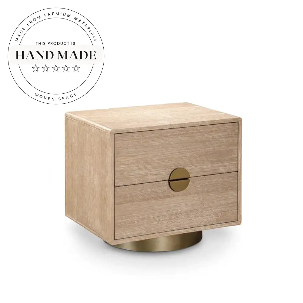 Modern Square Oak Wood 2-Drawer Gold Base Bedside Table