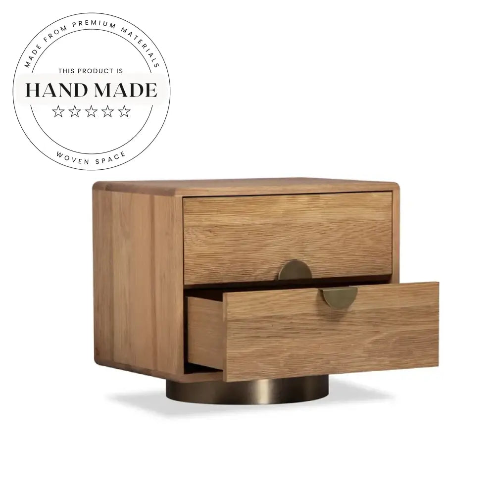 Modern Square Oak Wood 2-Drawer Gold Base Bedside Table