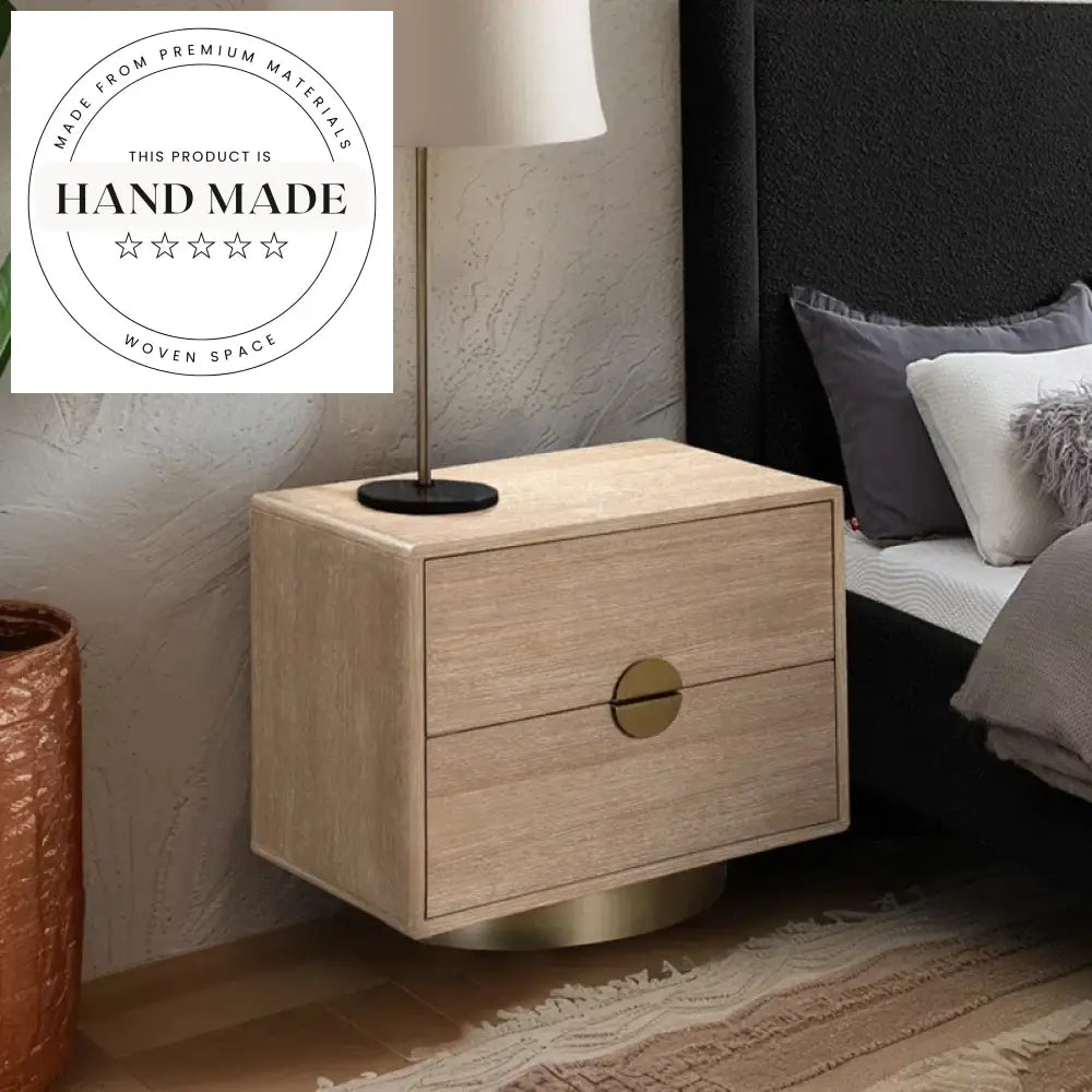 Modern Square Oak Wood 2-Drawer Gold Base Bedside Table