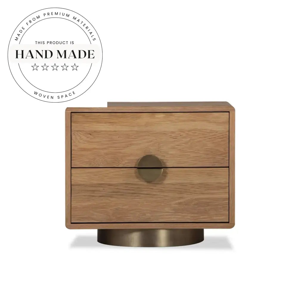 Modern Square Oak Wood 2-Drawer Gold Base Bedside Table