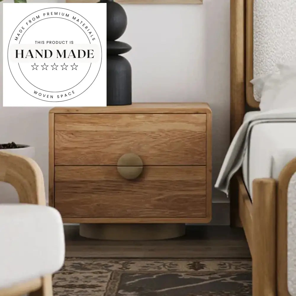 Modern Square Oak Wood 2-Drawer Gold Base Bedside Table