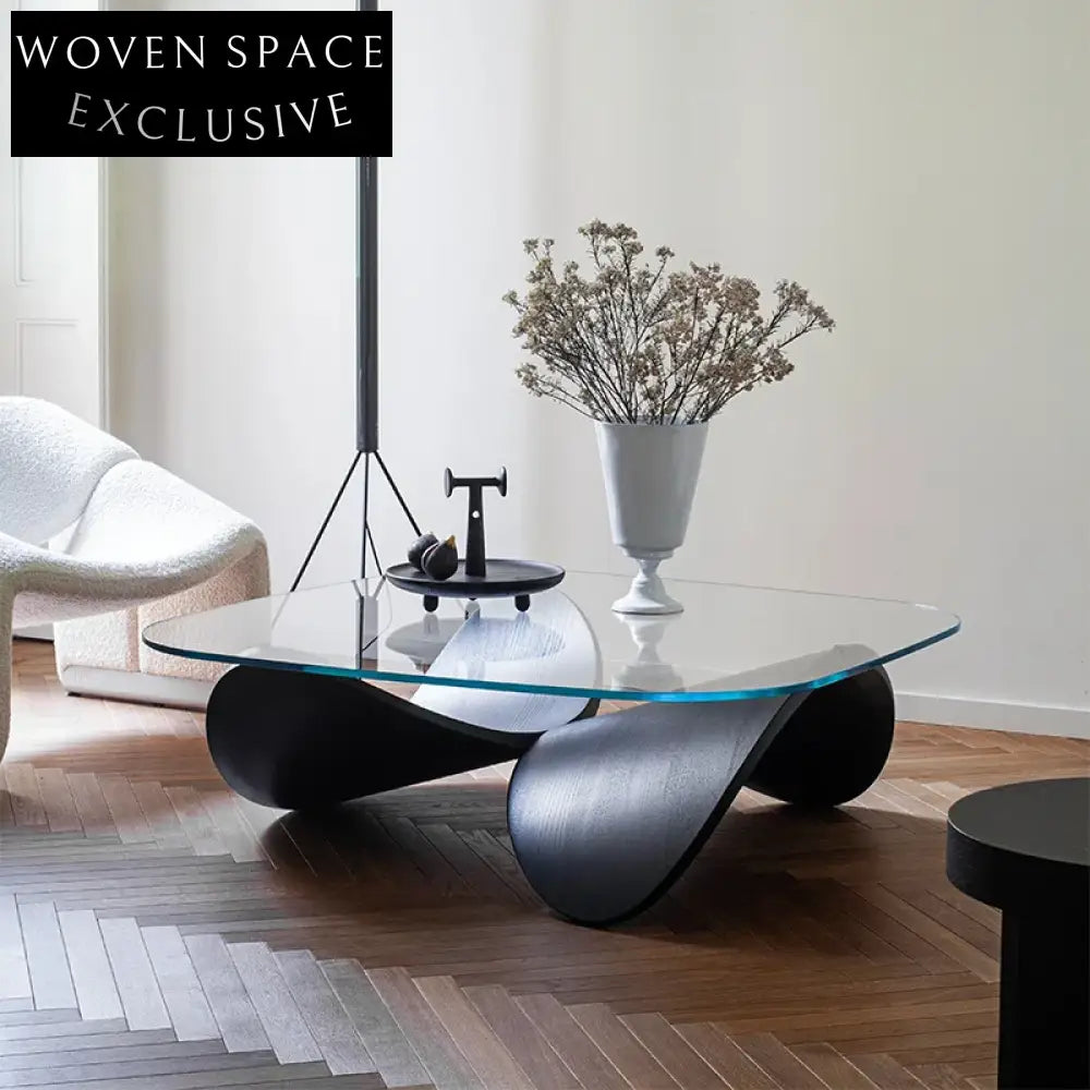 Modern Square Tempered Glass Top Solid Wood Living Room Coffee Table