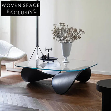 Modern Square Tempered Glass Top Solid Wood Living Room Coffee Table