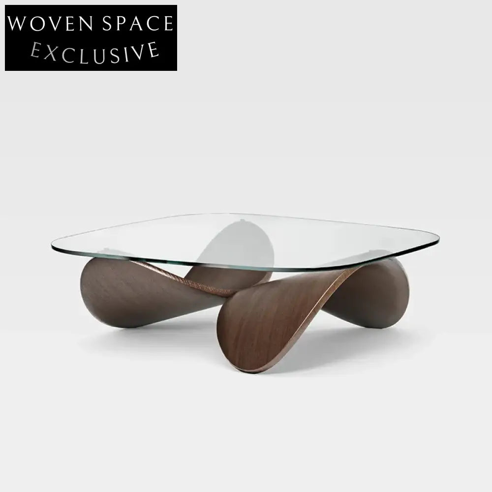 Modern Square Tempered Glass Top Solid Wood Living Room Coffee Table