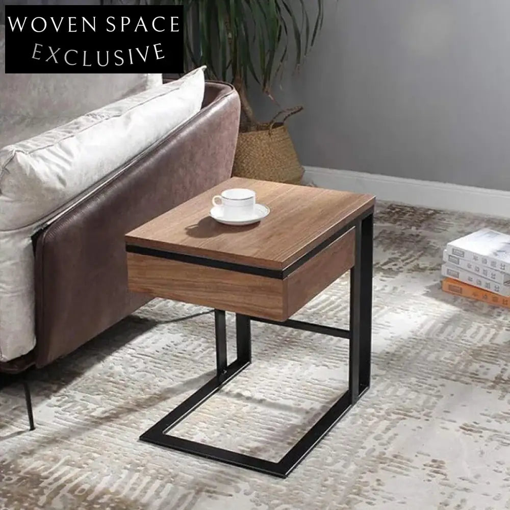 Modern Square Wooden Coffee Table with Storage, Black Metal Legs, Pull-Out Drawer