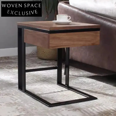 Modern Square Wooden Coffee Table with Storage, Black Metal Legs, Pull-Out Drawer